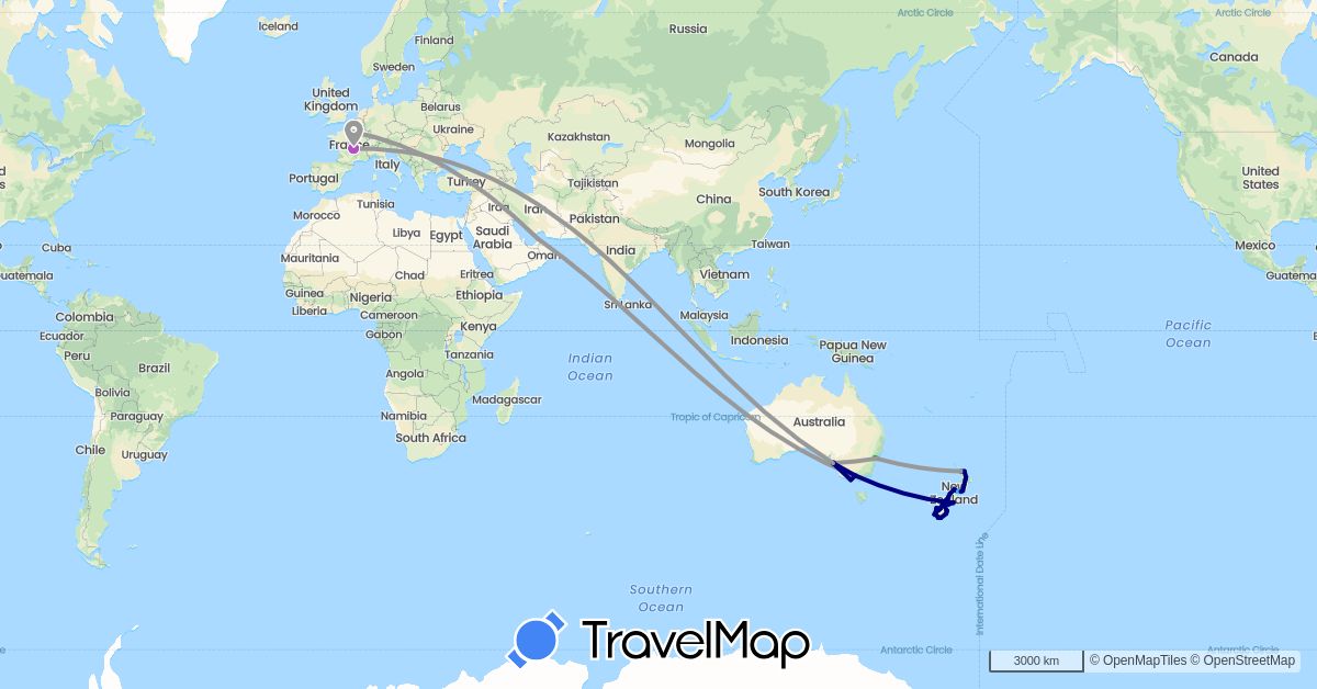 TravelMap itinerary: driving, bus, plane, train, boat in United Arab Emirates, Australia, France, New Zealand (Asia, Europe, Oceania)